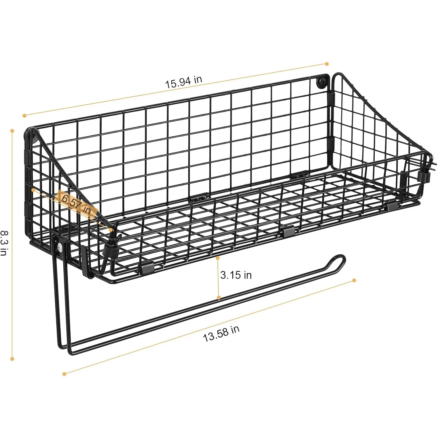 Metal Wall-Mounted Basket Organizer with Paper Towel Holder & Shelf – Rust-Resistant Black Finish