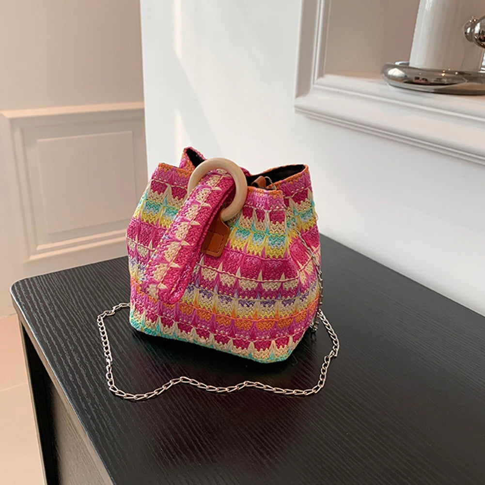 Women’s Colorful Straw Crossbody Satchel — Summer Woven Bucket Messenger Bag & Phone Clutch