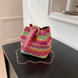 Women’s Colorful Straw Crossbody Satchel — Summer Woven Bucket Messenger Bag & Phone Clutch
