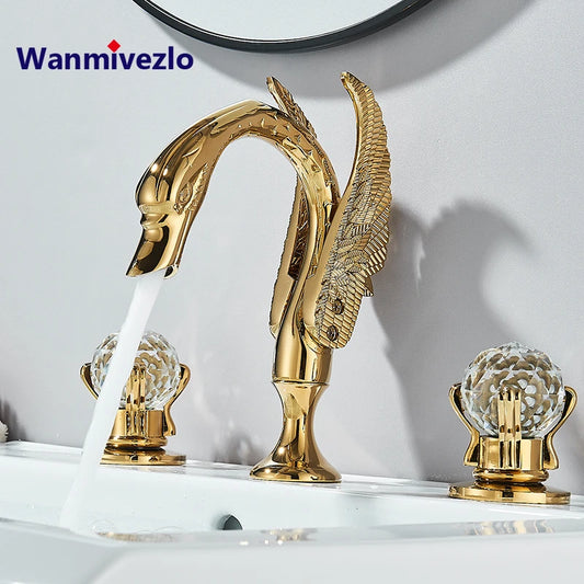 Gold Swan Deck-Mounted Basin Mixer Faucet – Dual Crystal Handle Hot & Cold Tap