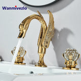 Gold Swan Deck-Mounted Basin Mixer Faucet – Dual Crystal Handle Hot & Cold Tap