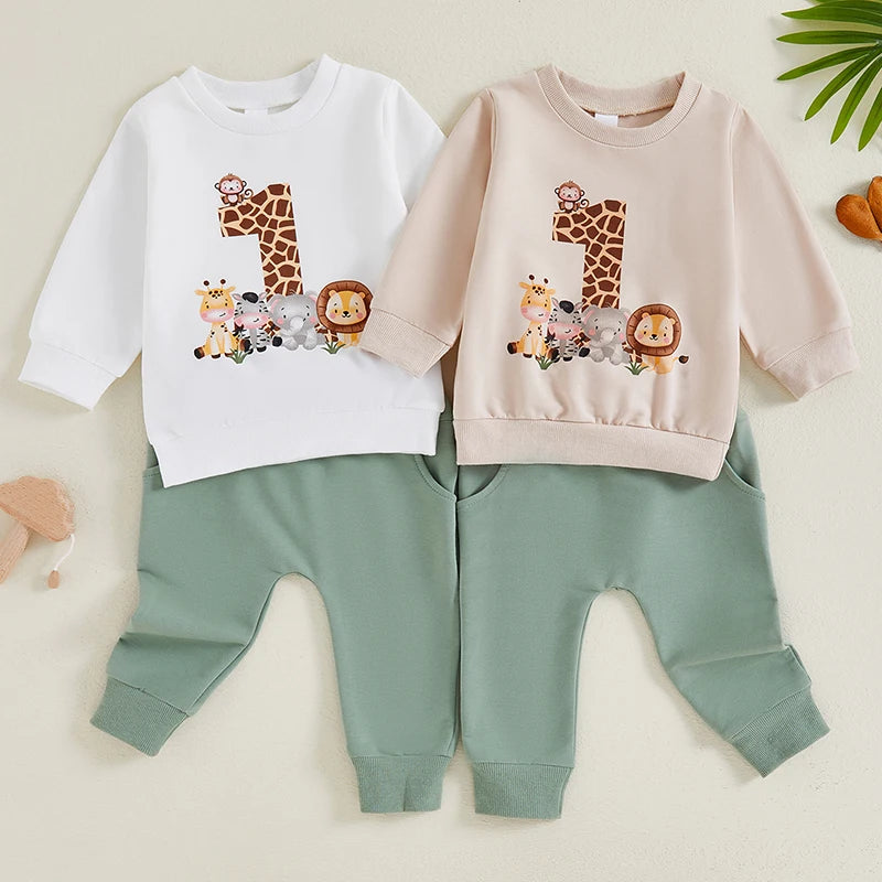 Baby Boy First Birthday Outfit – Animal Print Long Sleeve Sweatshirt & Elastic Waist Pants Set for Fall Celebrations