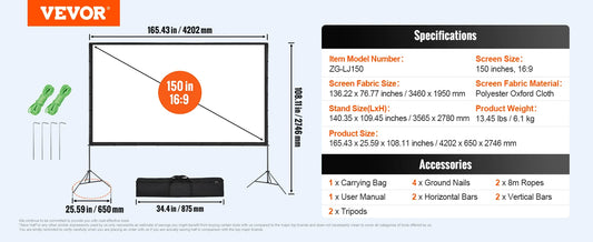 Vevor Portable Projection Screen Kit – 16:9 HD/4K, Tripod Stand for 100″, 120″ or 150″ Viewing