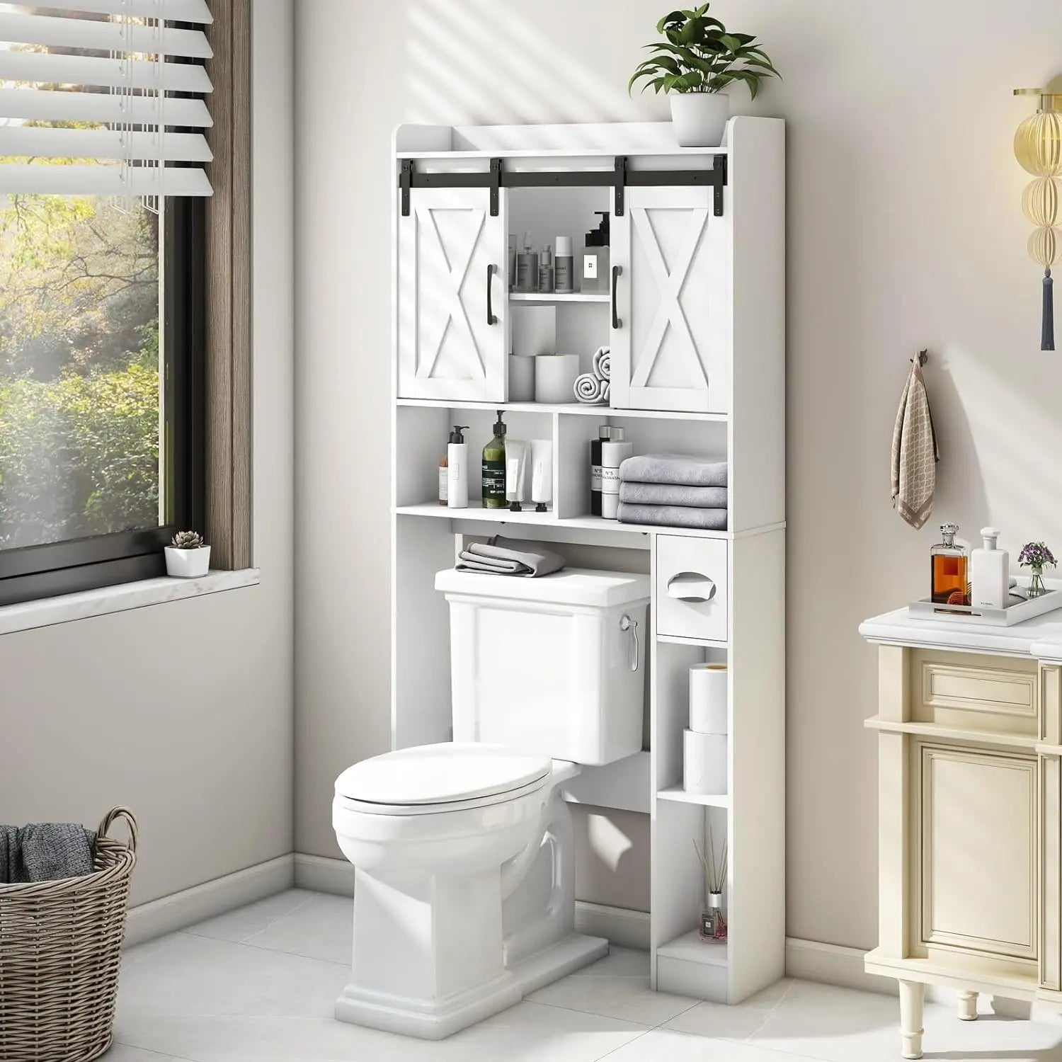 Over-the-Toilet Storage Cabinet with Barn Doors & Paper Holder – Space-Saving Bathroom Rack