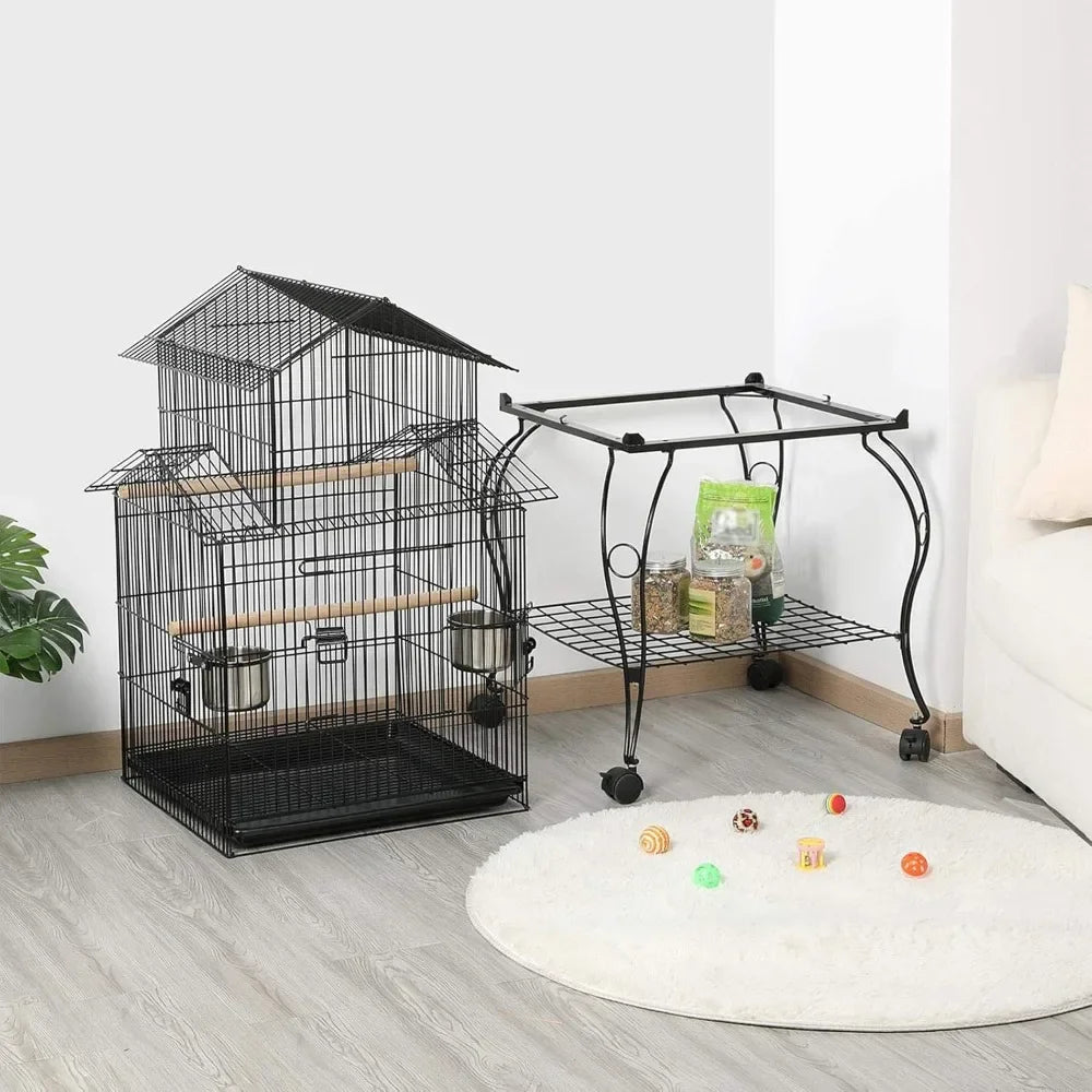55″ Rolling Triple-Roof Parrot Cage – Sturdy Medium Size with Detachable Stand