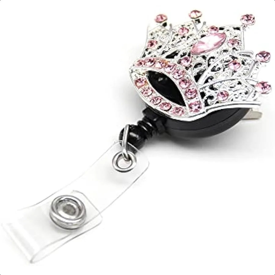 👑 Crystal Rhinestone Crown Badge Reel – Retractable ID Card Holder with Decorative Crown Design for Nurses & Office Staff