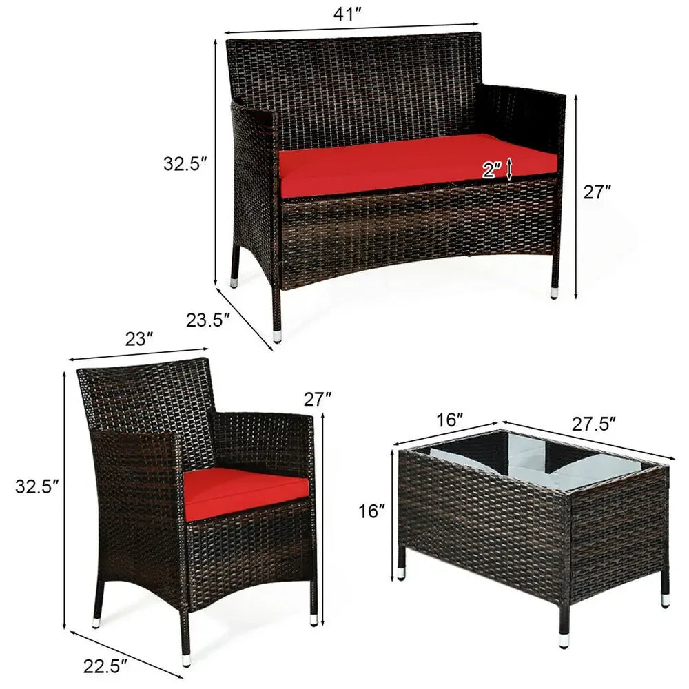 “8-Piece Patio Rattan Conversation Set – Outdoor Wicker Sofa, Chairs & Table with Red Cushions”