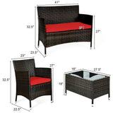 “8-Piece Patio Rattan Conversation Set – Outdoor Wicker Sofa, Chairs & Table with Red Cushions”
