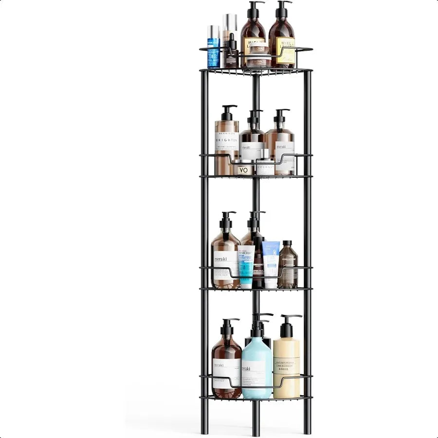 4-Tier Stainless Steel Corner Shower Caddy with Shelves – Floor-Standing Bathroom Storage Rack