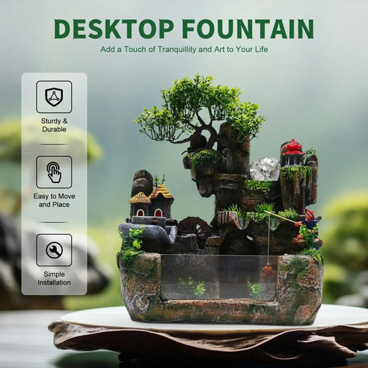 LED Tabletop Rockery Waterfall Fountain – Feng Shui Indoor Desktop Feature with Atomizer & LED Lights