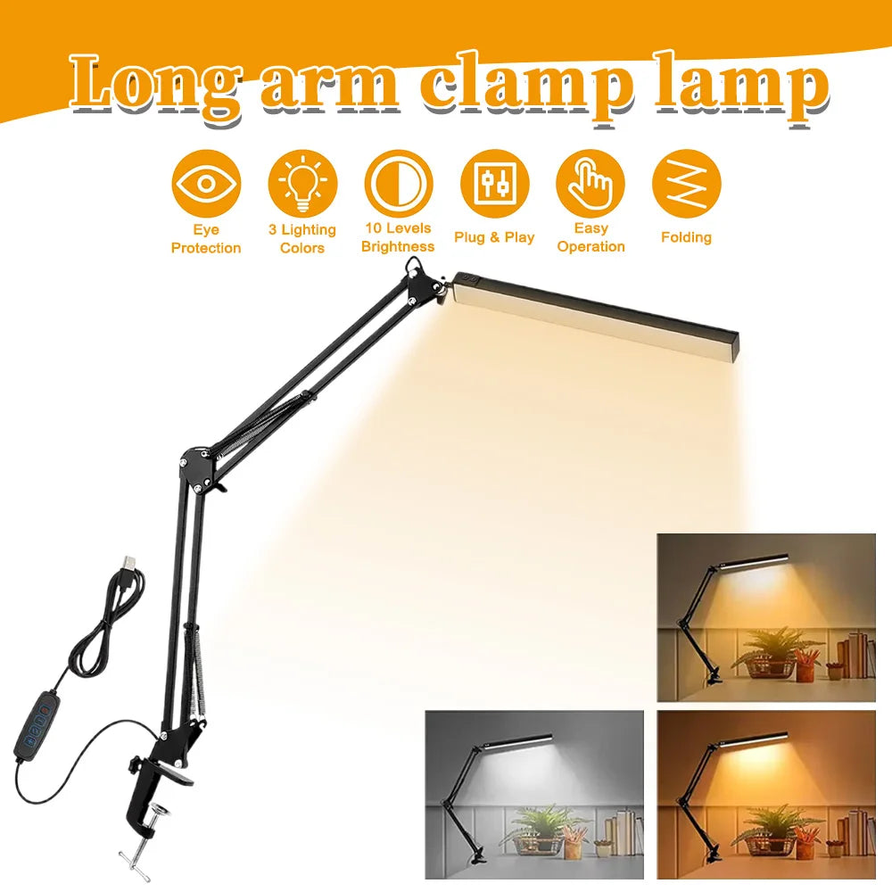 💡 LED Desk Lamp with Clamp – 10W Swing Arm Dimmable Light with 10 Brightness Levels & 3 Lighting Modes, Eye-Caring