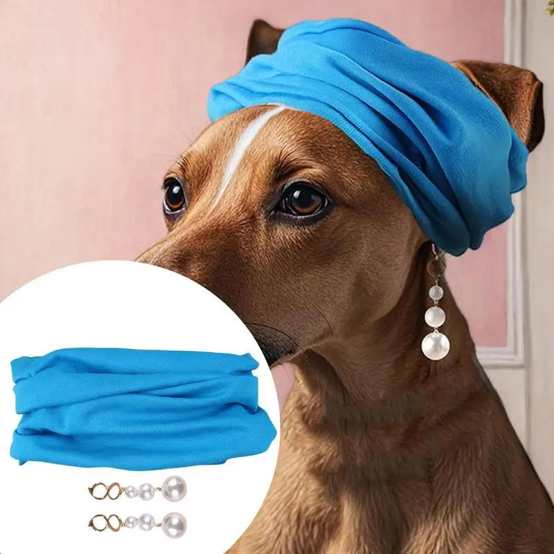 Dog Bandana & Headband Set – Pearl Earring Headdress for Party Costumes & Photo Props