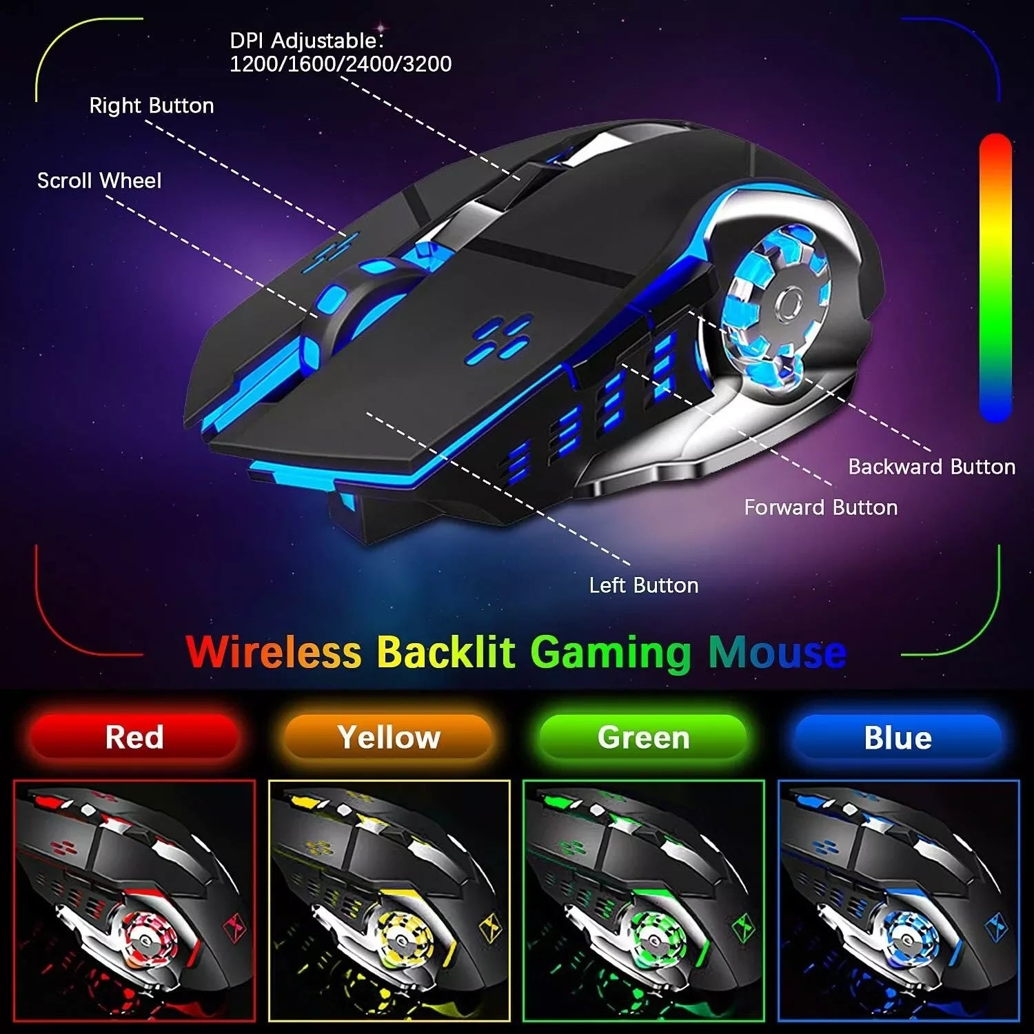 Wireless Gaming Keyboard & Mouse Set – Rainbow RGB Backlit Rechargeable Keyboard with 7-Color Silent Mouse & Gaming Pad