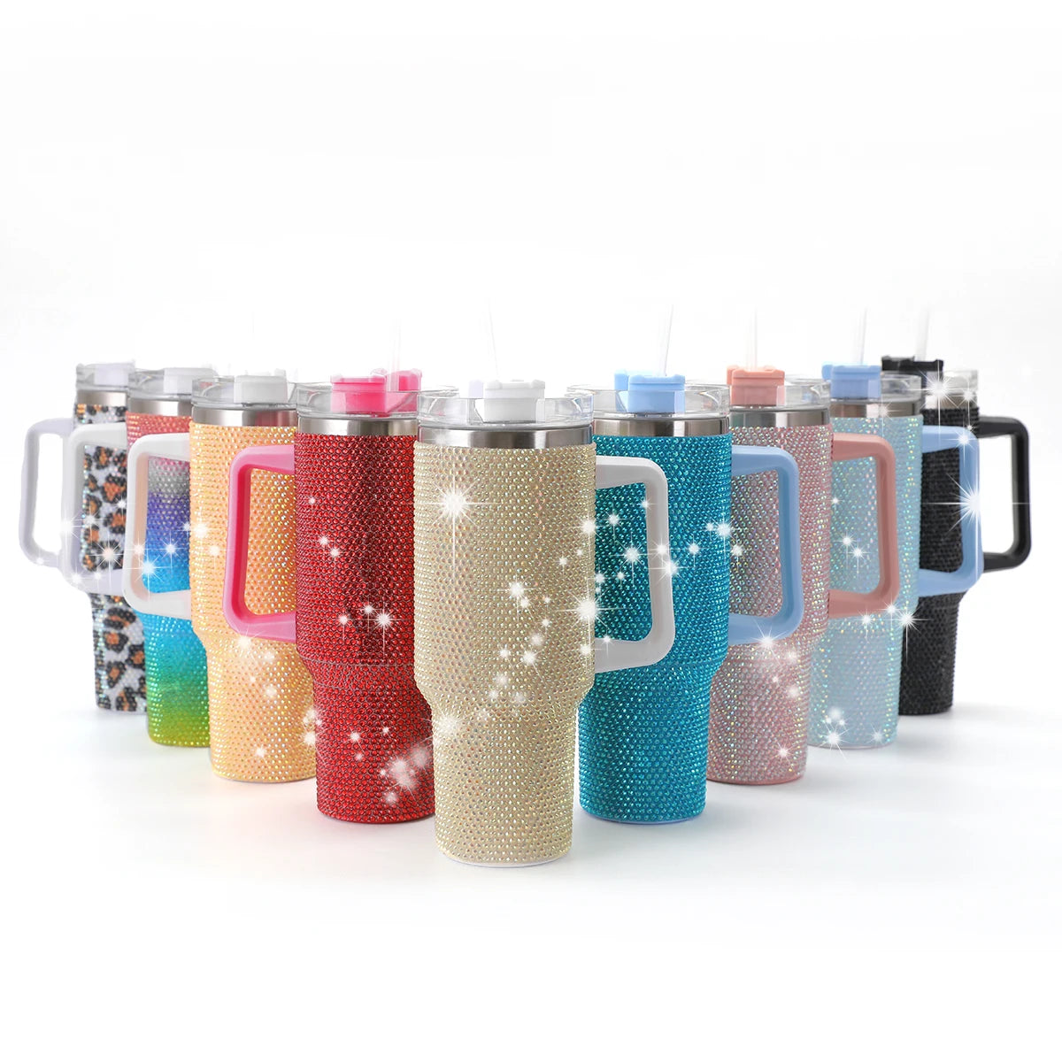 Sparkling Studded Tumbler 40oz with Lid & Handle – Stainless Steel Insulated Car Cup