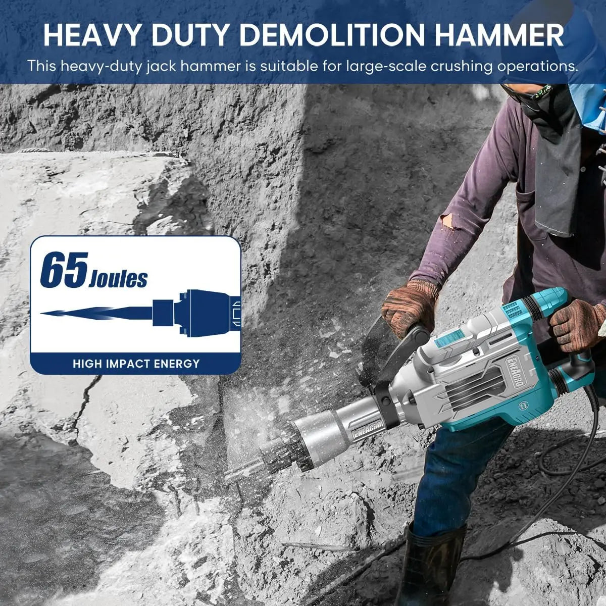 Demolition Jack Hammer – 14.5AMP SDS Hex Concrete Breaker | 65 Joules Heavy-Duty Electric Chipping Tool