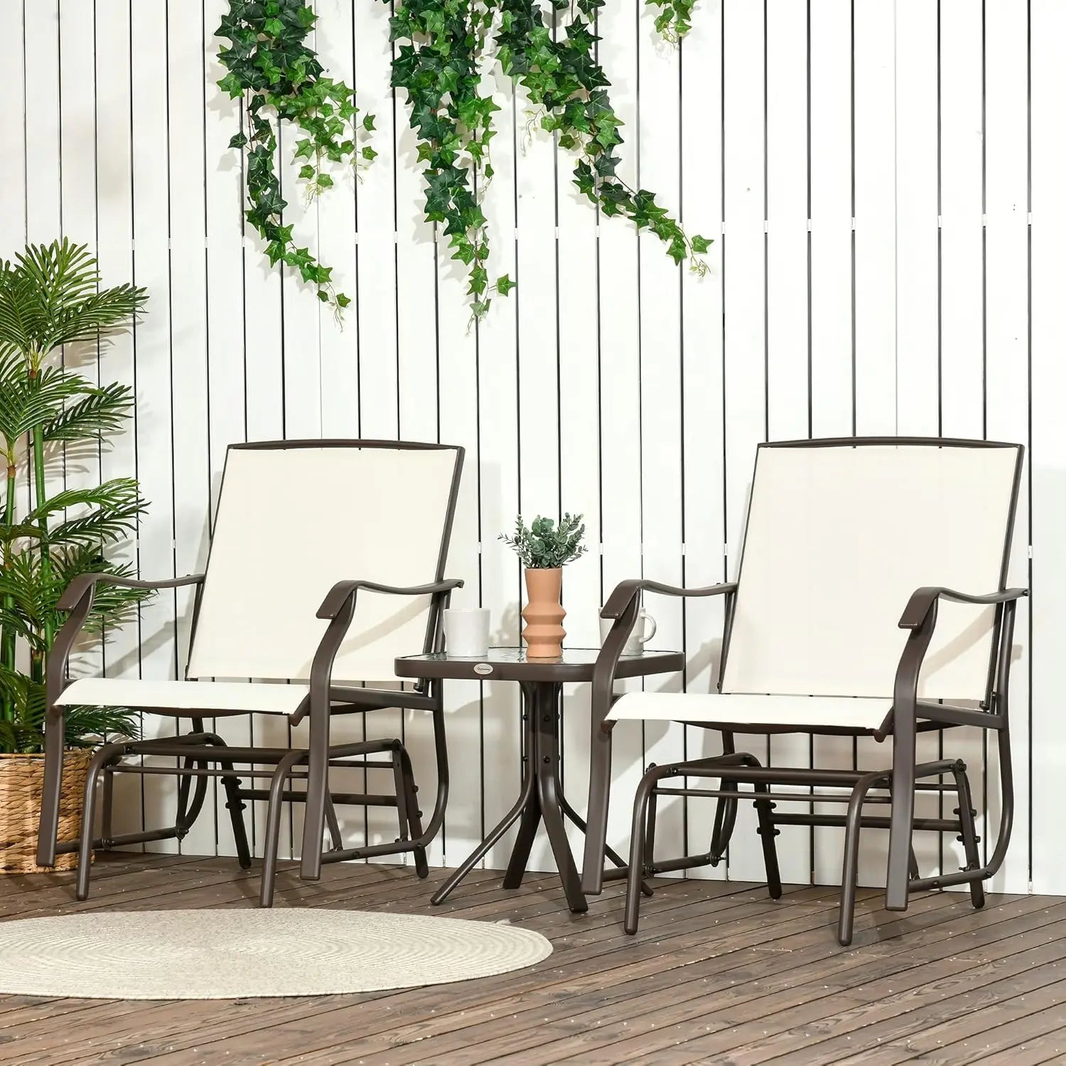 “3-Piece Outdoor Glider Bistro Set – 2 Rocking Swing Chairs with Breathable Sling Fabric & Glass Coffee Table”