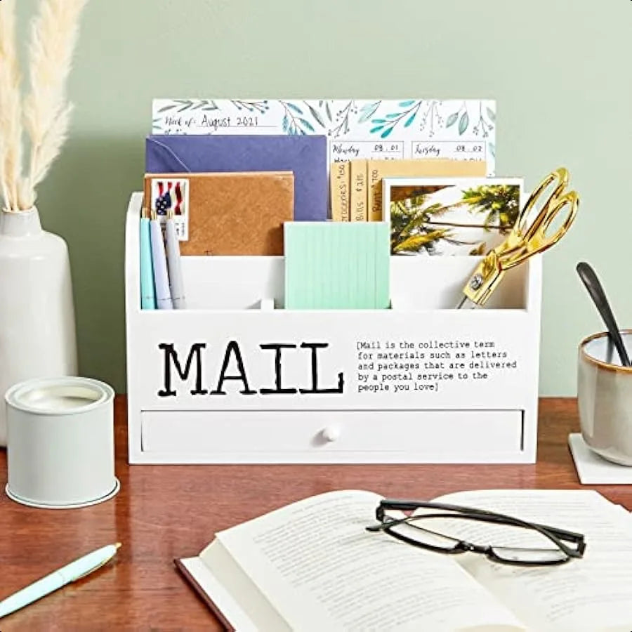 White Wooden 3-Tier Desktop Mail Organizer with Drawer – Wall-Mounted & Countertop File Holder