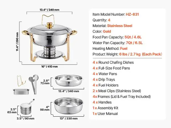 Vevor 4-Pack Chafing Dish Buffet Set – Stainless Steel Chafer with 4 Full-Size Pans, Round Catering Warmers for Parties & Banquets