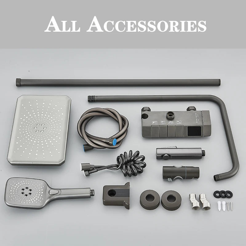 Grey Smart Digital Display Shower Faucet Set – Piano-Style Rainfall Bathroom System