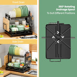 2-Tier Rustproof Dish Drainer Rack with Swivel Drain Spout & Utensil Holder – Space-Saving Kitchen Drying Rack