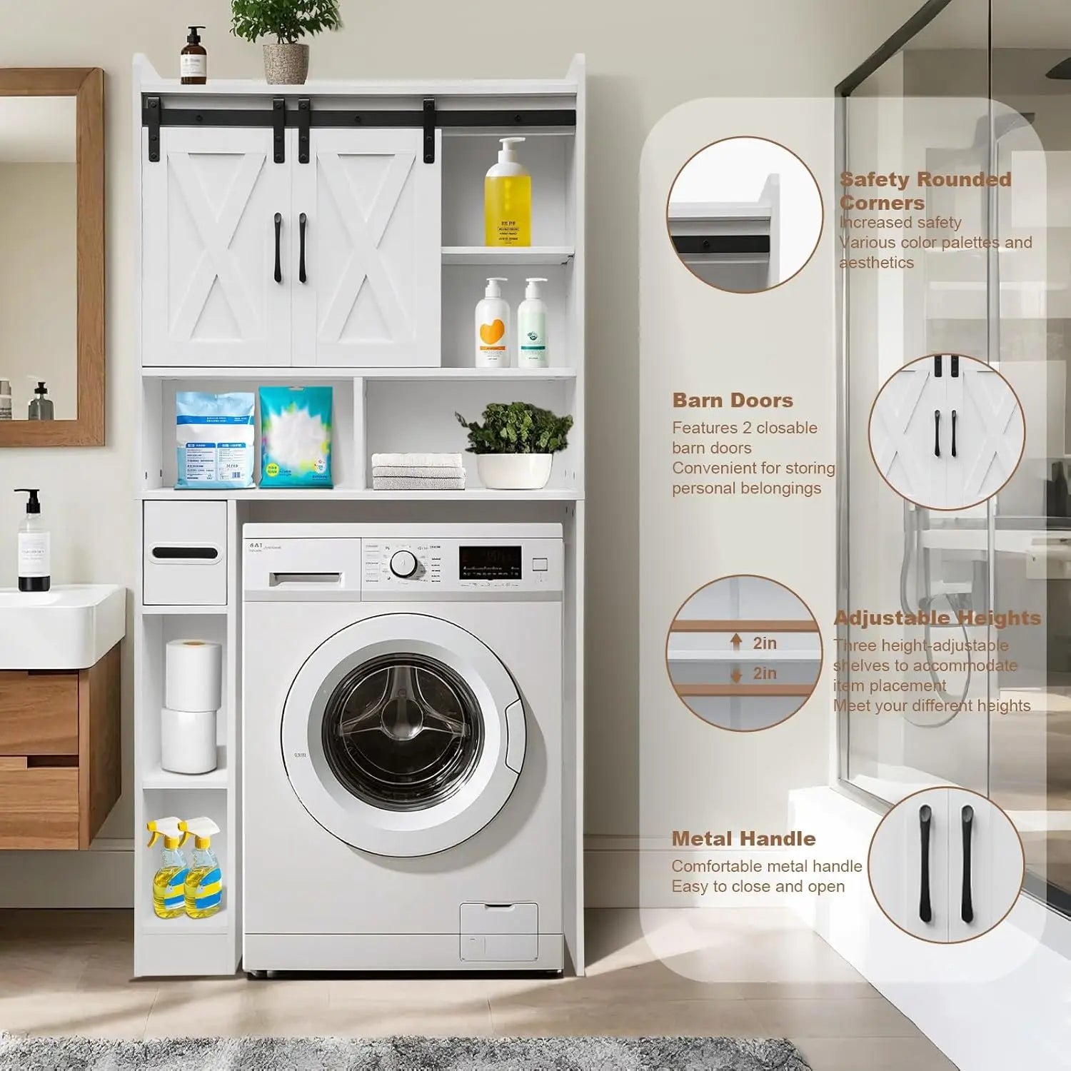 Over-the-Toilet Storage Cabinet with Barn Doors & Paper Holder – Space-Saving Bathroom Rack
