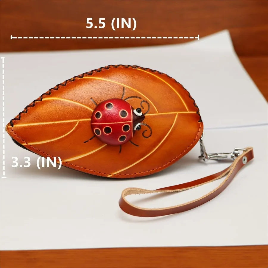 Handmade Leather Coin Purse – Ladies Leaf & Ladybug Creative Key Case Clutch Bag (Yellow)
