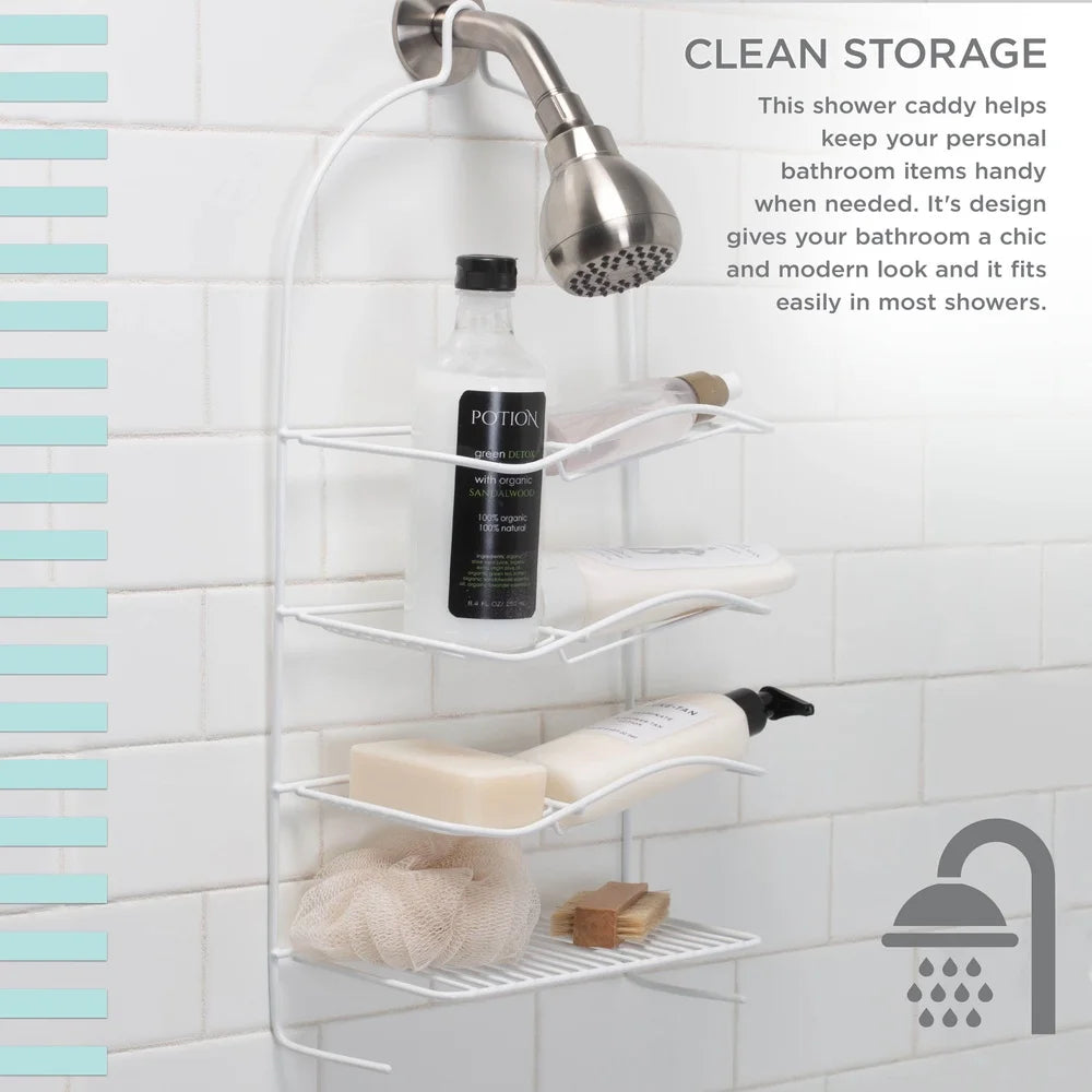 4-Tier Metal Shower Organizer with Hooks – Rust-Resistant Bathroom Storage Rack