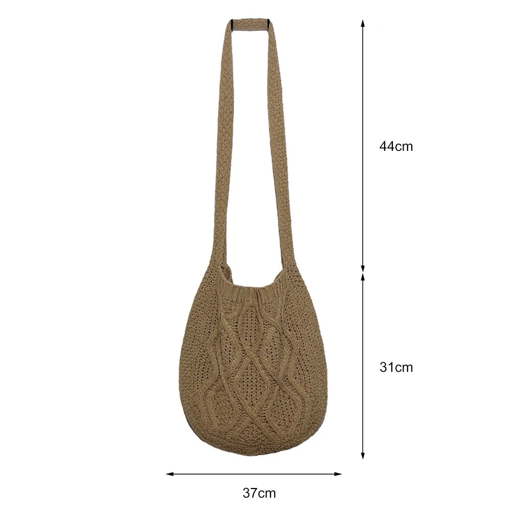 Wool-Knitted Shoulder Shopping Bag for Women – Vintage Cotton Cloth Tote, Large Crochet-Style Shopper Handbag