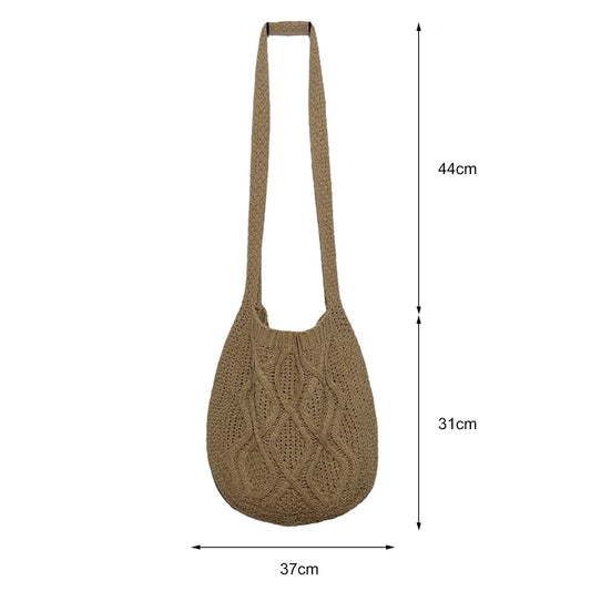 Wool-Knitted Shoulder Shopping Bag for Women – Vintage Cotton Cloth Tote, Large Crochet-Style Shopper Handbag