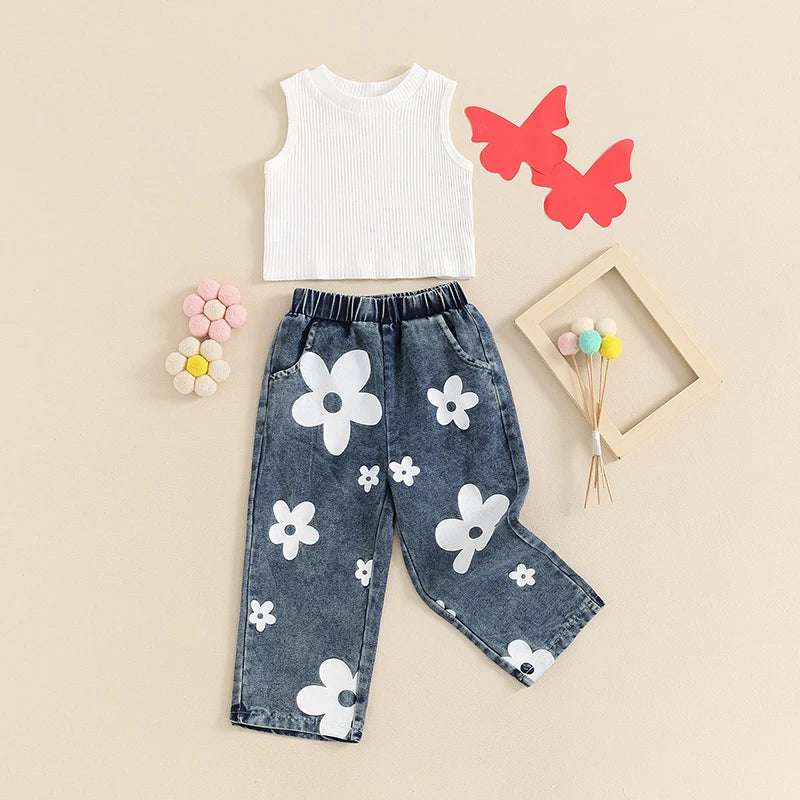 Toddler Girl Summer Outfit Set (1-5 Years) – Sleeveless Ribbed Tank Top & Denim Pants (2PCS)