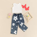 Toddler Girl Summer Outfit Set (1-5 Years) – Sleeveless Ribbed Tank Top & Denim Pants (2PCS)