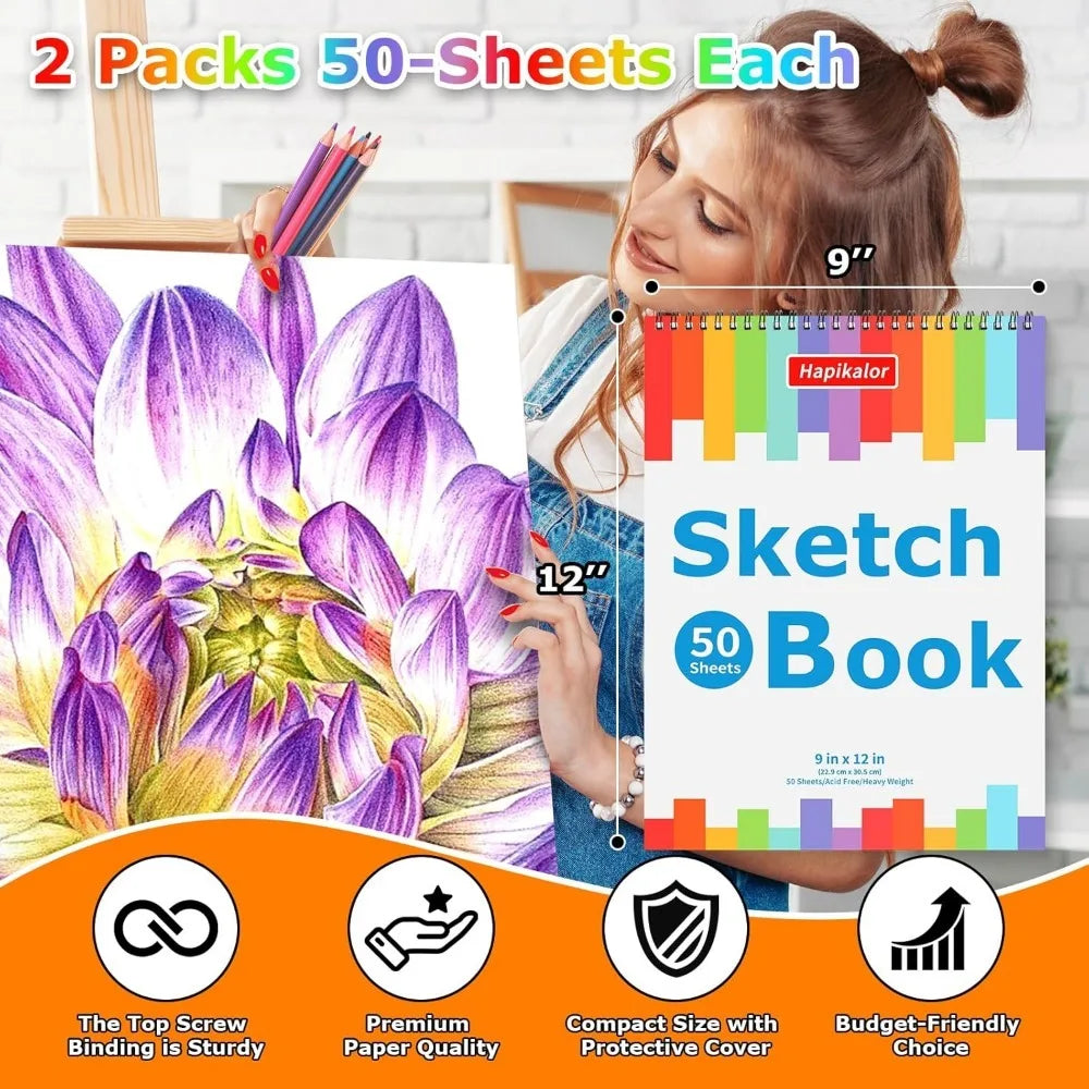2-Pack 9×12″ Acid-Free Spiral Sketch Book – 50 Sheets Each Drawing Pad