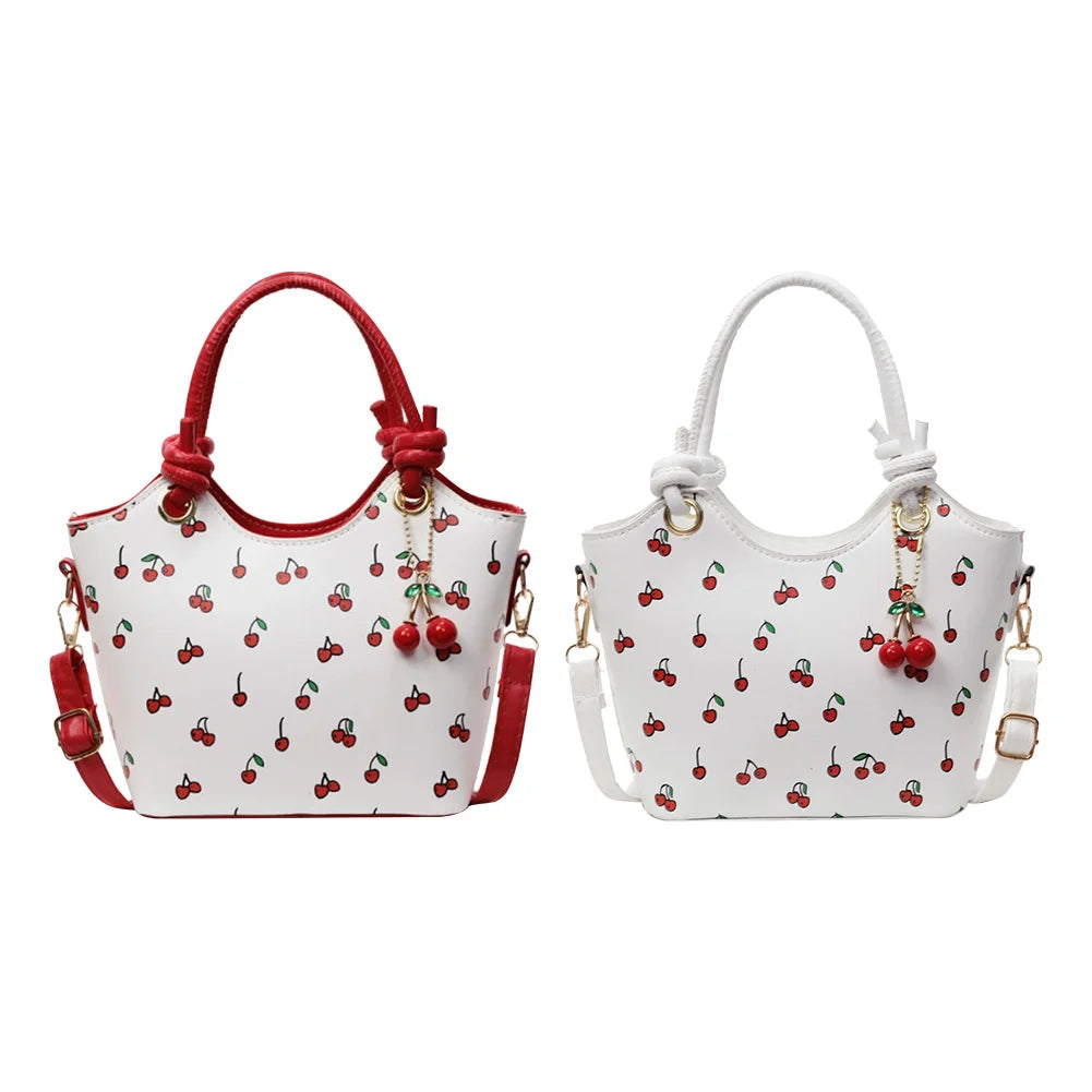 Women’s PU Leather Bucket Shoulder Bag – Cherry Print Crossbody with Adjustable Strap & Top Handle, Trendy Fashion Handbag
