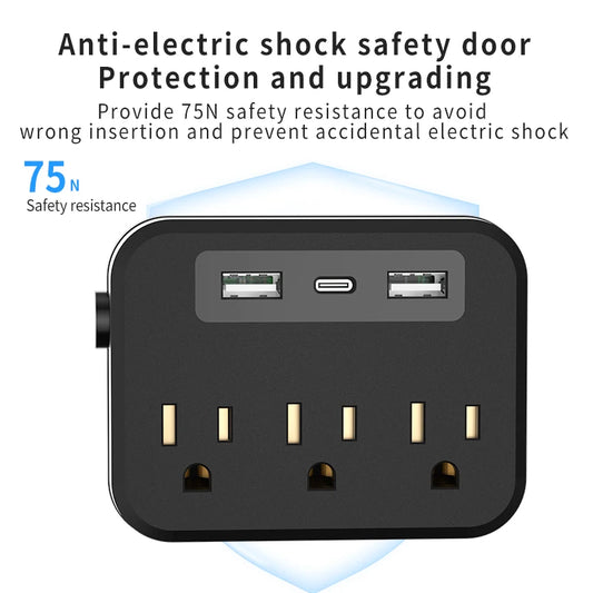 6-in-1 Functional Power Socket – 3 AC Outputs, 2 USB Ports & 1 Type-C with Power Switch Button for Home, Office & Travel Use