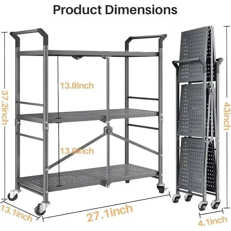 Rolling Utility Cart Folding Cart with Wheels - 3 Tier Collapsible Metal Cart - PulinGO
