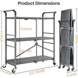 Rolling Utility Cart Folding Cart with Wheels - 3 Tier Collapsible Metal Cart - PulinGO