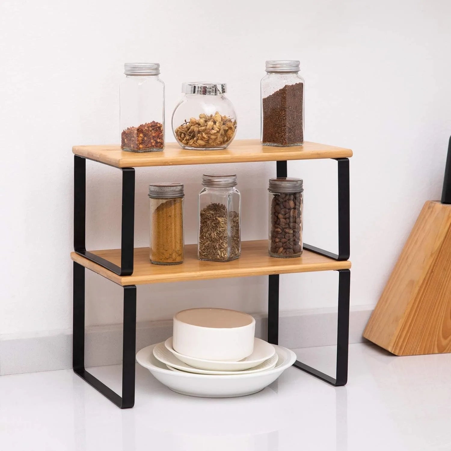 Set of 2 Stackable 2-Tier Bamboo & Metal Shelf Organizer – Space-Saving Kitchen, Pantry & Bathroom Rack