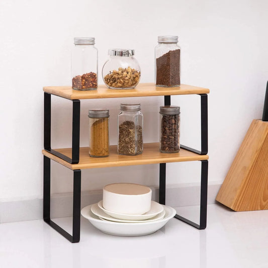 Set of 2 Stackable 2-Tier Bamboo & Metal Shelf Organizer – Space-Saving Kitchen, Pantry & Bathroom Rack