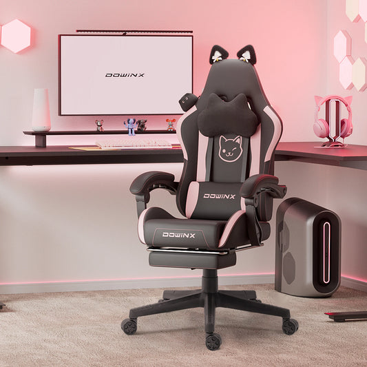 Dowinx Cute Gaming Chair with Cat Ears – Ergonomic Computer Chair with Massage Lumbar Pillow, Footrest & Headrest for Girls & Teens