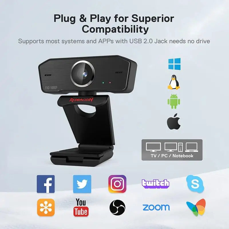 Redragon GW800 1080P PC Webcam with Built-in Dual Microphone, 360° Rotation - 2.0 USB Computer Web Camera- 30 FPS