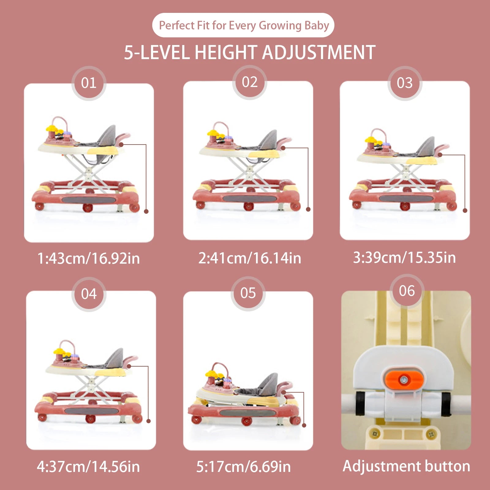 5-in-1 Foldable Baby Walker with Wheels – Detachable Push Handle, Activity Center, Food Tray & Sunshade for 6–24 Months