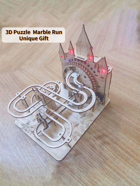 Electric Marble Run Mechanical Model Kit – 3D Wooden Puzzle with Lights | DIY Handmade Engineering Track Toy & Brain Teaser