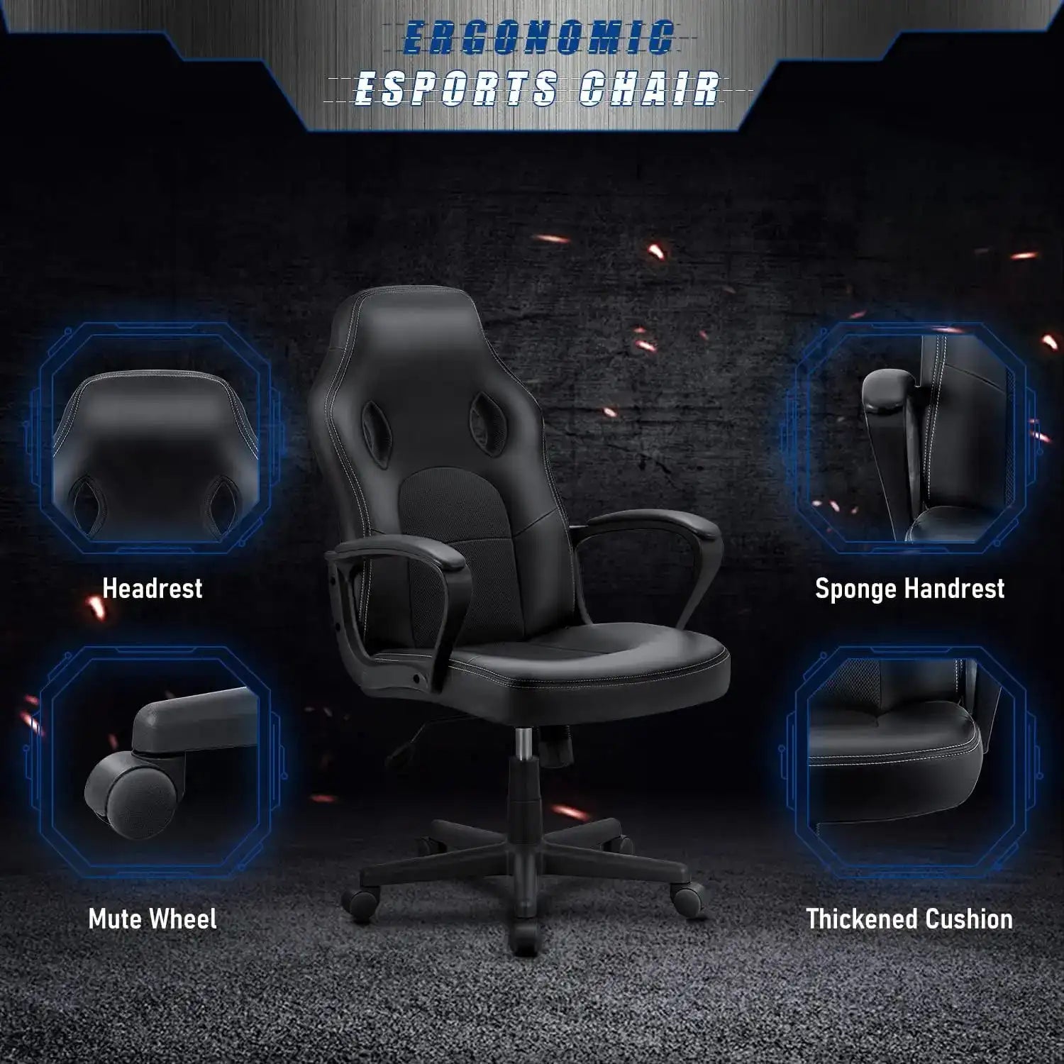 High-Back Leather Gaming Chair – 300 lbs Swivel Task Chair with Arms