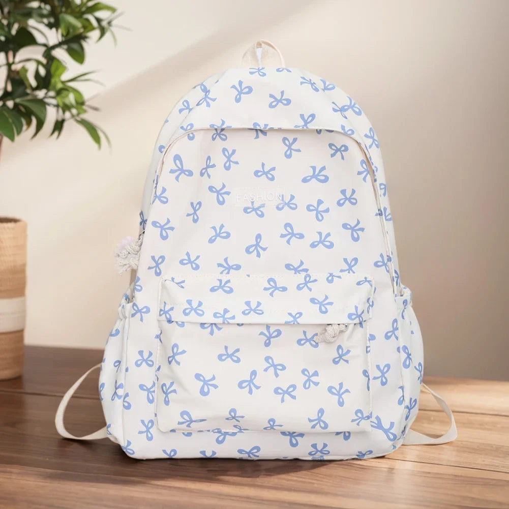 Bow Print Nylon Student Backpack for Girls & Women – Cute Schoolbag with Adjustable Straps for Travel & Daily Use