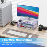 2-Tier Metal Monitor Stand Riser – Office Desk Storage Organizer for Computer, Laptop & Printer with Purple Finish