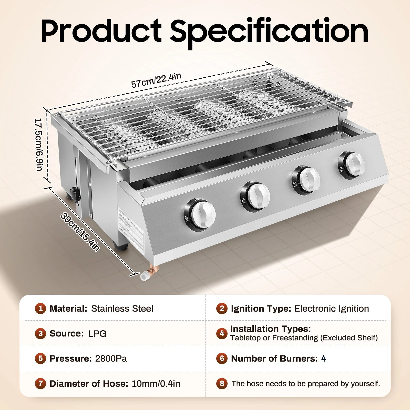 “4-Burner Propane Gas BBQ Grill – Stainless Steel Portable Smokeless Barbecue for Outdoor Patio & Garden”