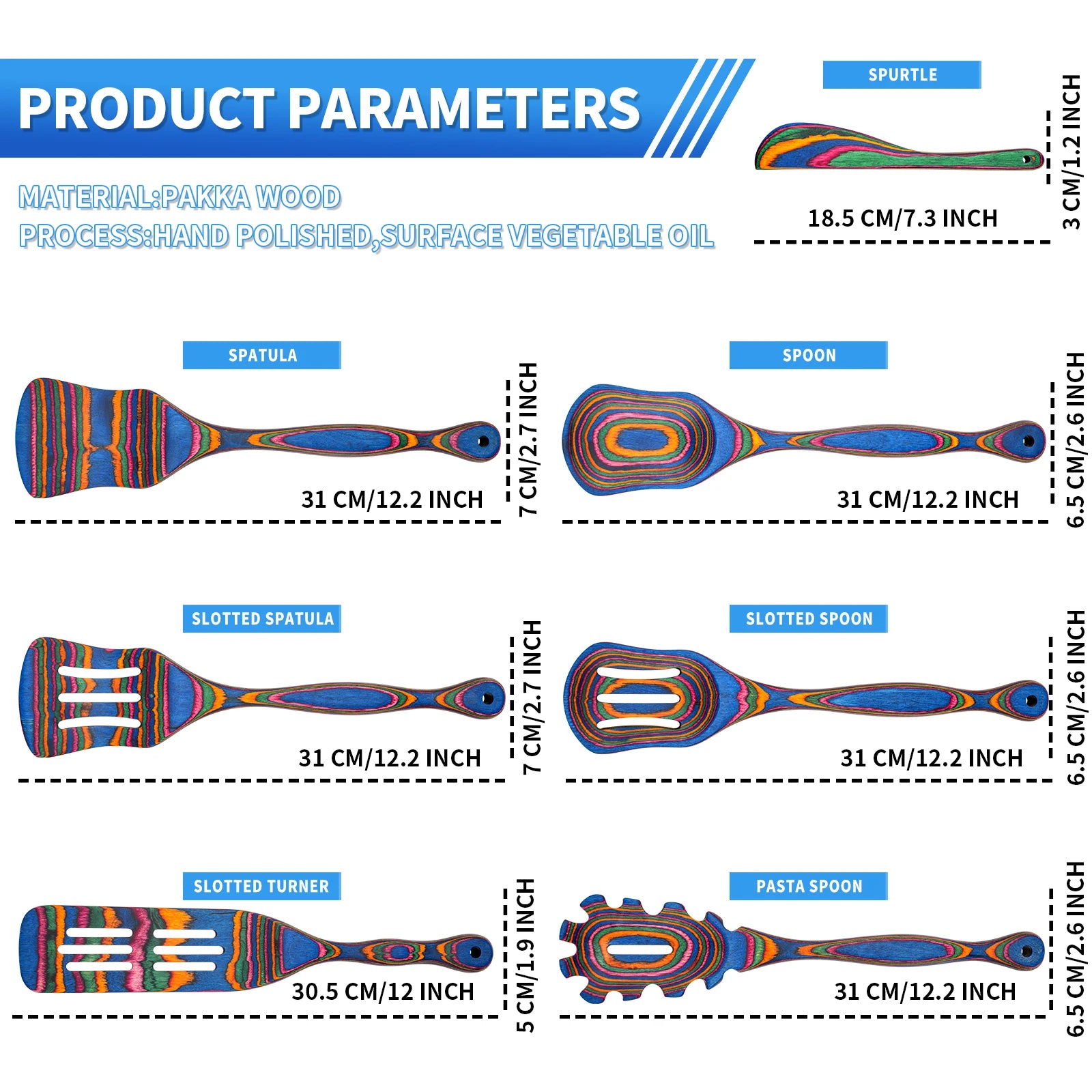 7-Piece Blue Pakkawood Cooking Utensils Set – Wooden Spoons & Spatulas for Cooking, Serving and Stirring