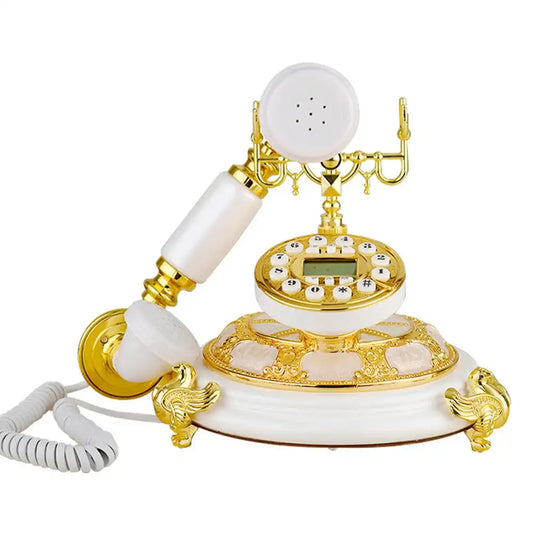 White & Gold Luxury Retro Antique Telephone – Vintage Phone Decoration for Home, Hotel, Museum Decor