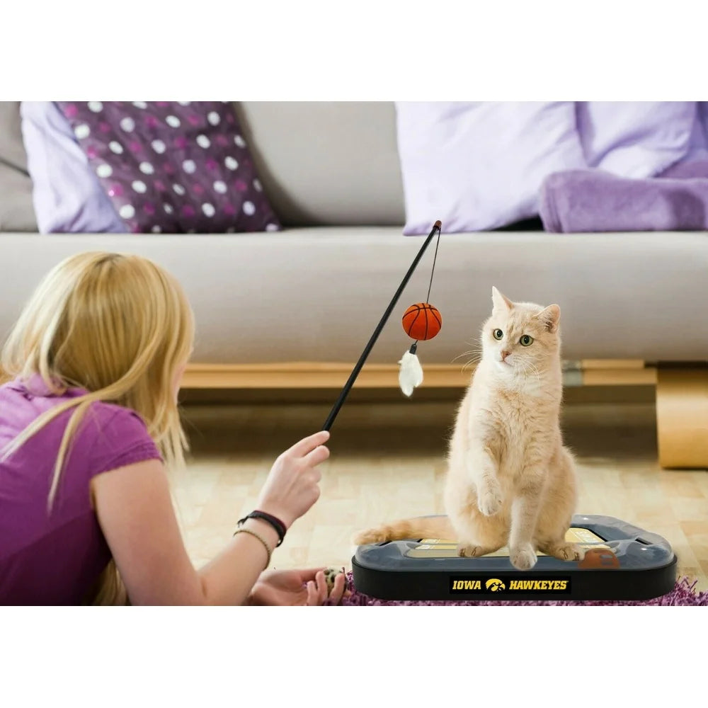 NCAA Licensed Iowa Hawkeyes Cat Scratcher Mat – Interactive Toy with Refillable Catnip Basketball & Feather Bell