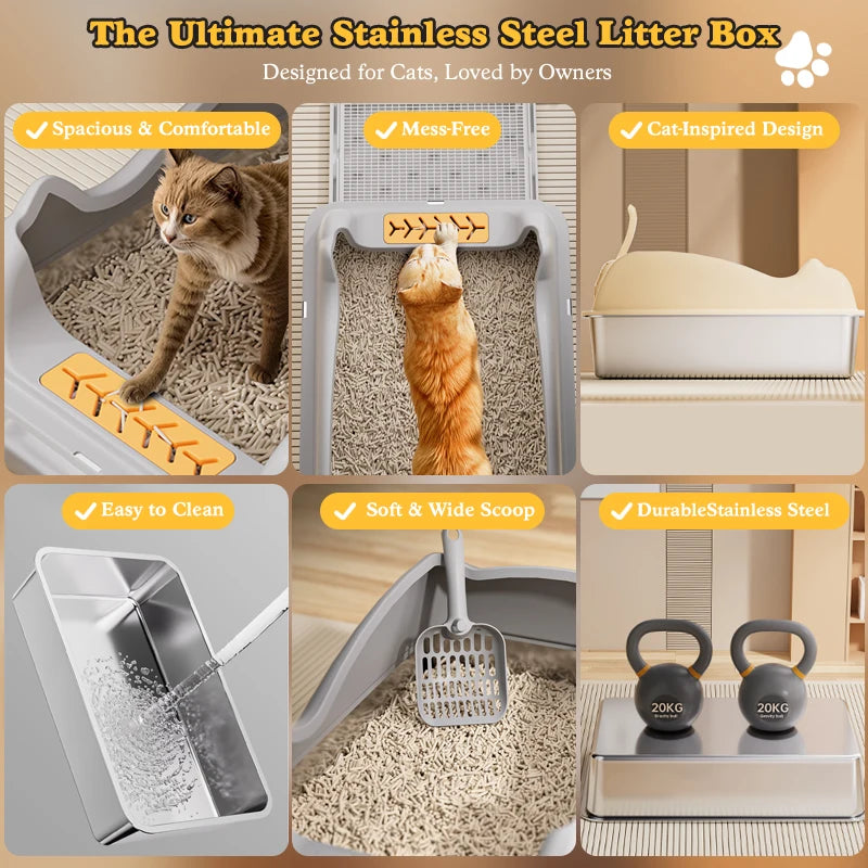 XL Stainless Steel Cat Litter Box with Lid – Durable Metal Box for Large Cats, Non-Sticky, Easy-Clean & Anti-Urine Leakage